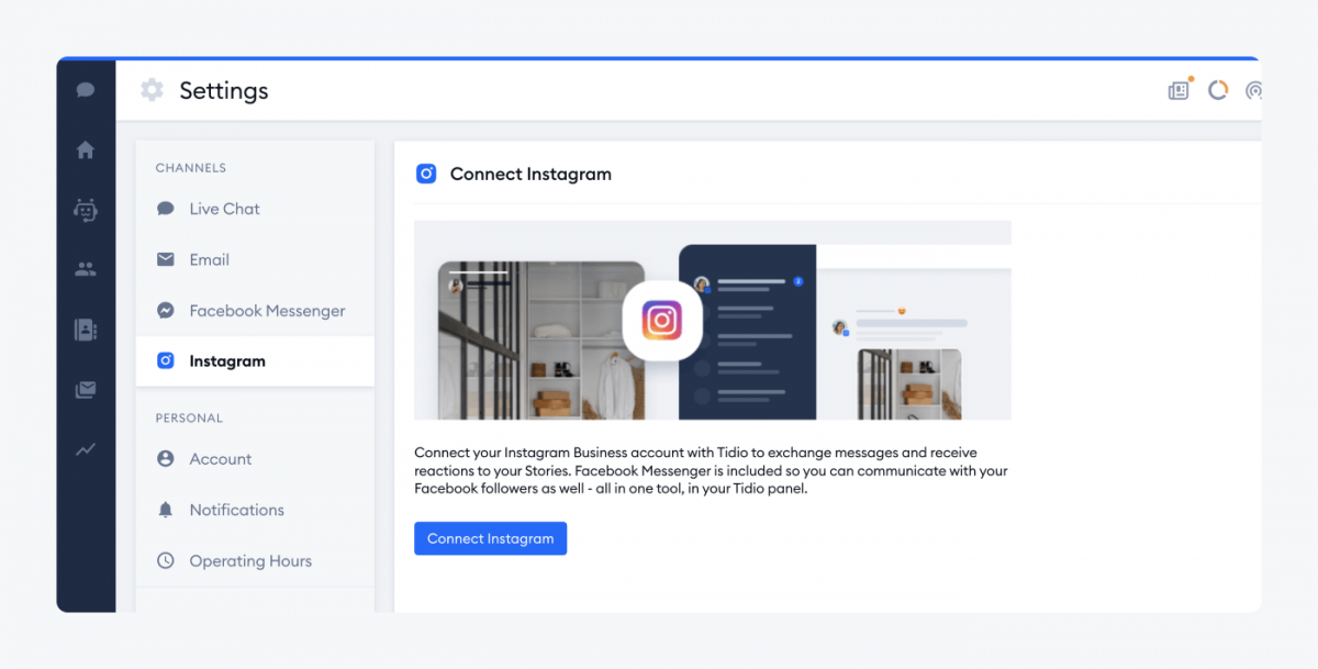 Conectar Tidio a Instagram Chatbot Una vista de conectar la sección de ajustes de Instagram en el panel Tidio