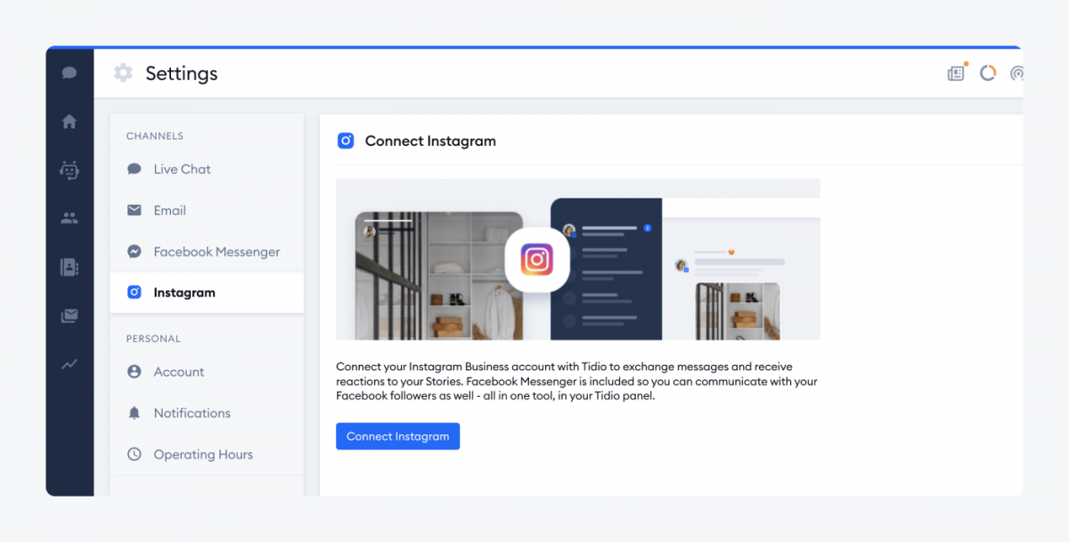 A view of connect Instagram settings section in Tidio panel