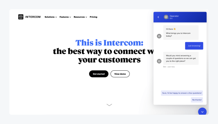 Screenshot of Intercom homepage
