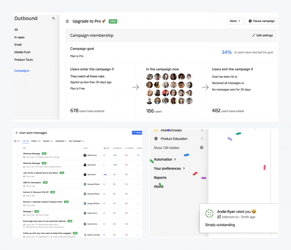 Intercom's dashboard screenshots