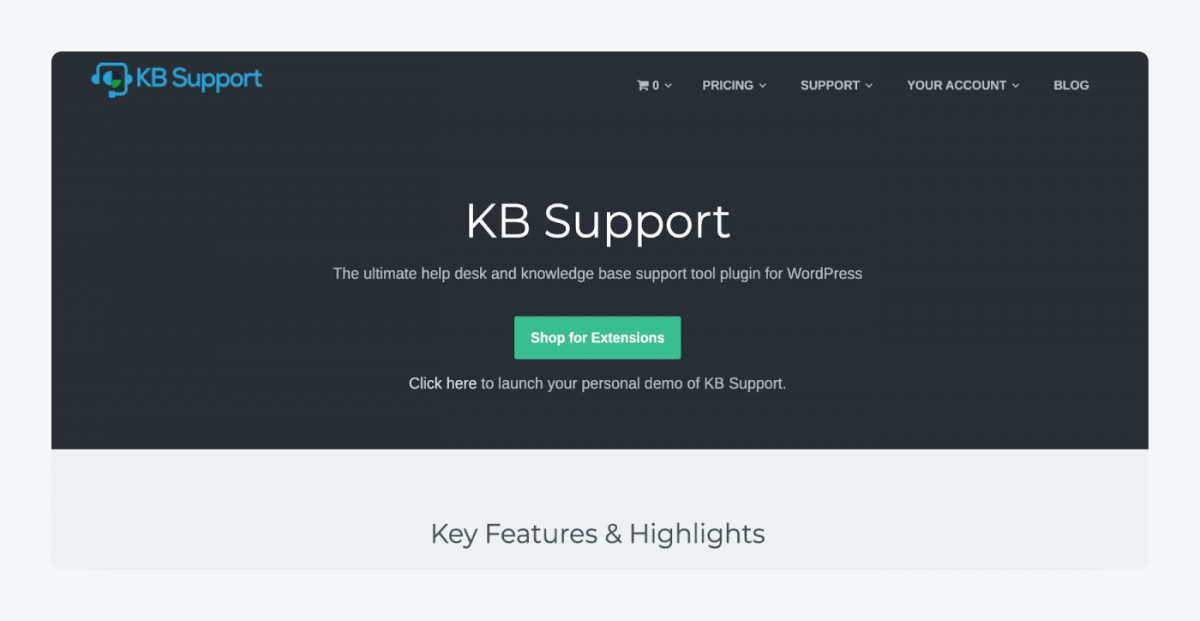 KB support ticketing system homepage