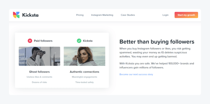 kicksta landing page screenshot image shows kicksta instagram automation landing page screenshot