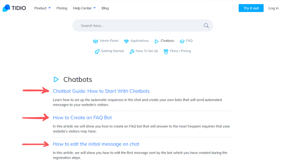 Tidio's chatbot knowledge base