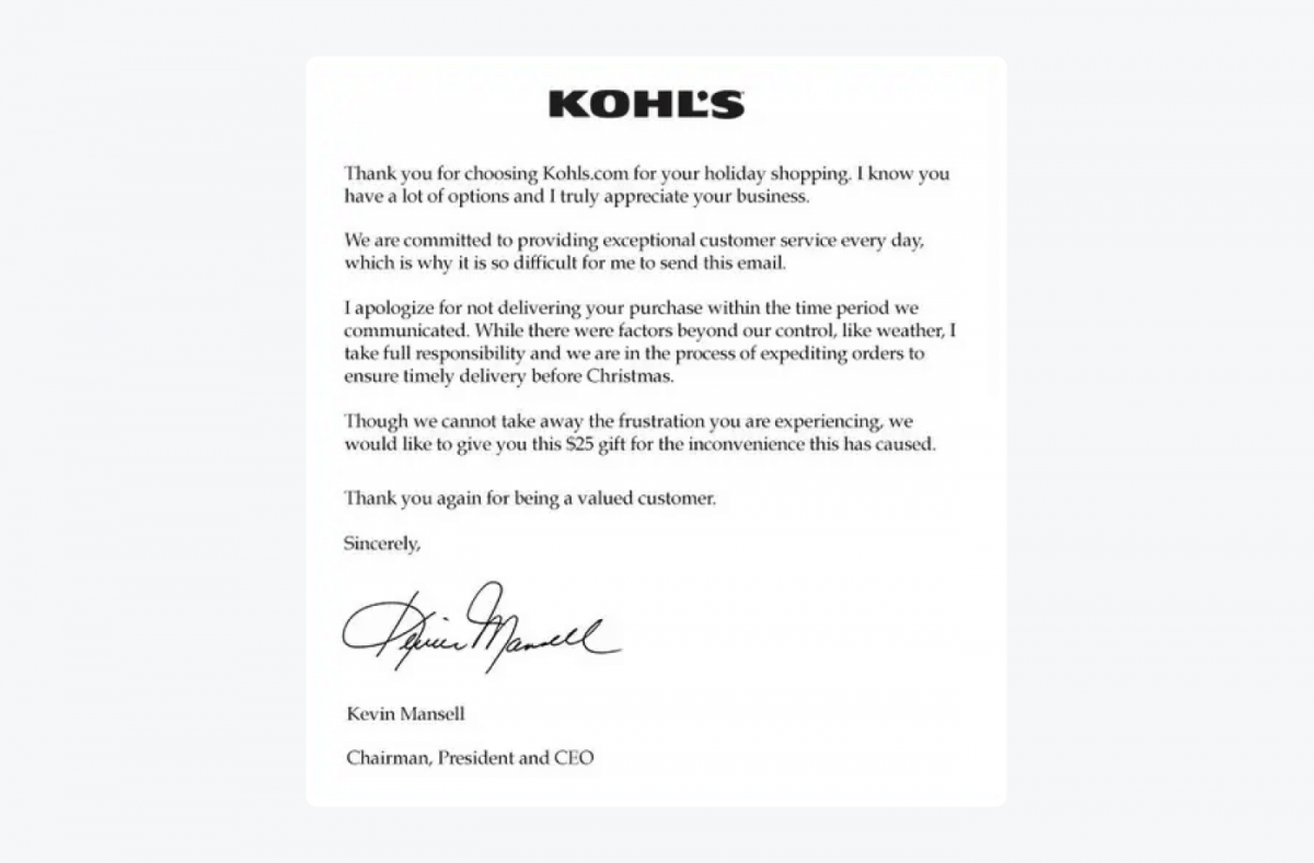 KOHL's apology letter