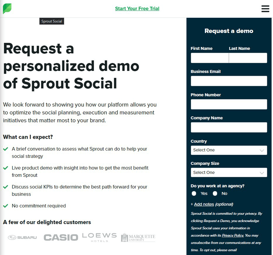 A lead generation landing page example (Sprout Social)