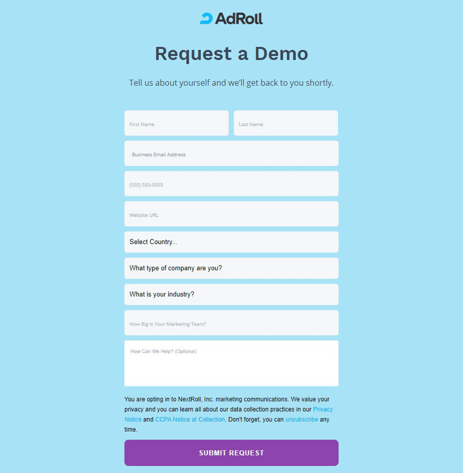 A lead generation landing page example (AdRoll)