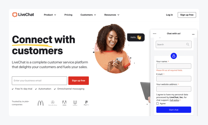 LiveChat's website with their live chat widget open