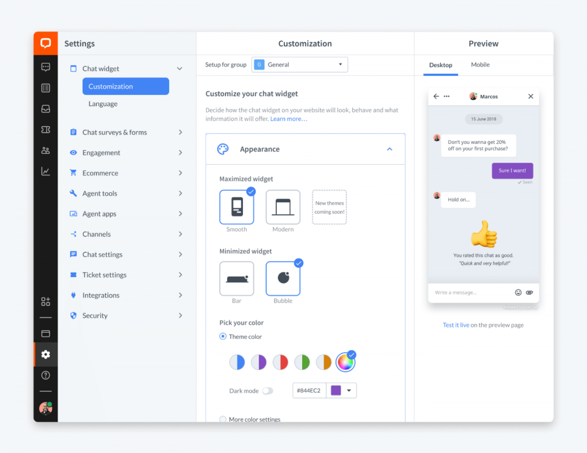 LiveChat customization settings