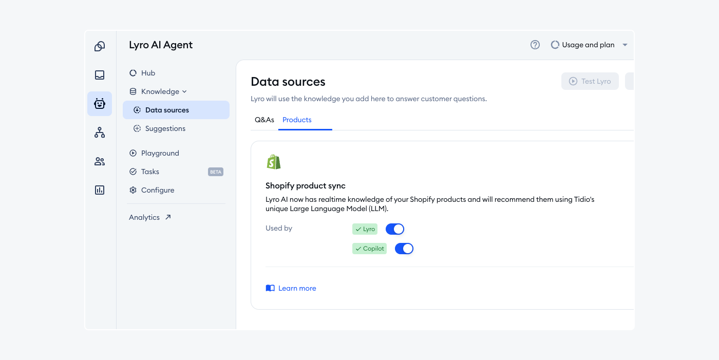 Lyro AI Agent dashboard with data sources