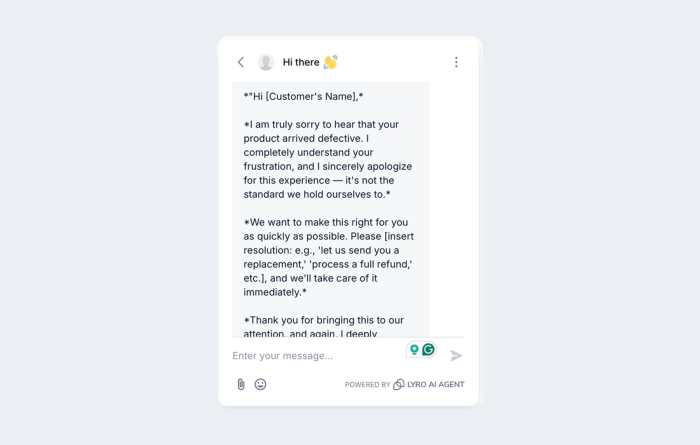 Lyro AI agent drafting an apology message for a defective product complaint