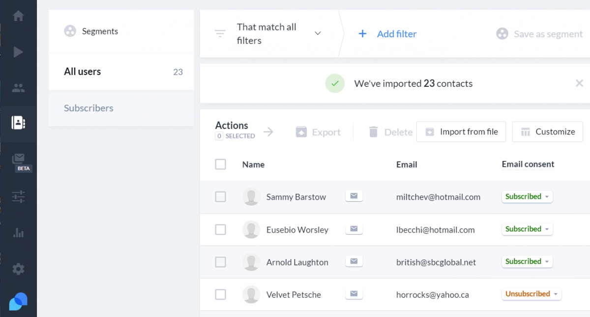 Email list in Tidio panel