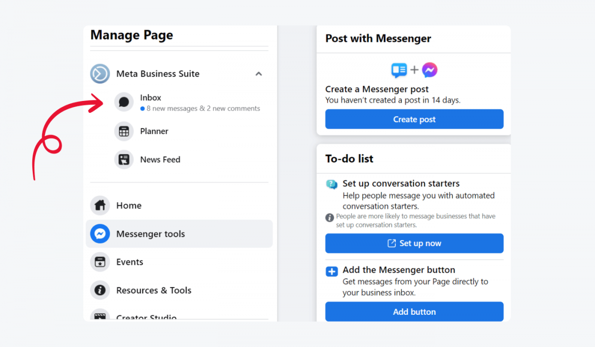 agregar messenger a tu sitio web Se abre el menú desplegable de Meta Business Suite con una flecha apuntando a la pestaña Bandeja de entrada