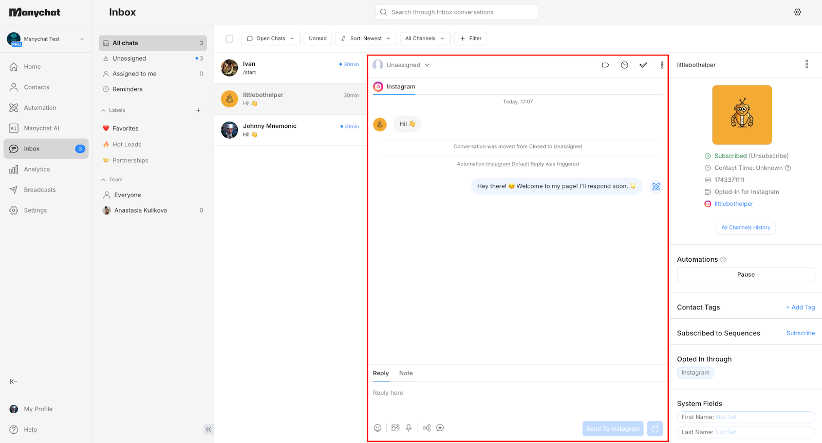 ManyChat inbox with an automated Instagram reply and contact details