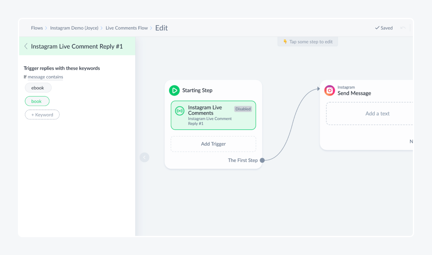 ManyChat flow editor with an Instagram comment trigger connected to a Send Message step