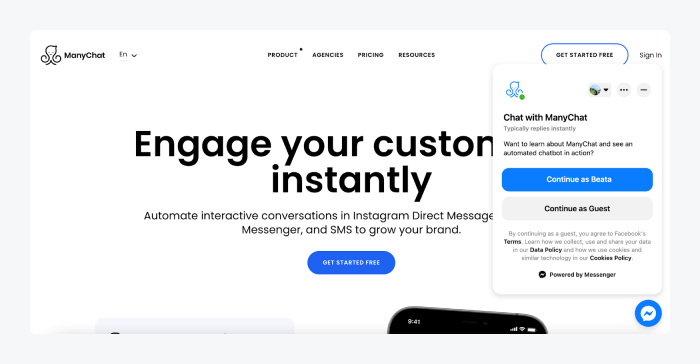 Manychat landing page screenshot