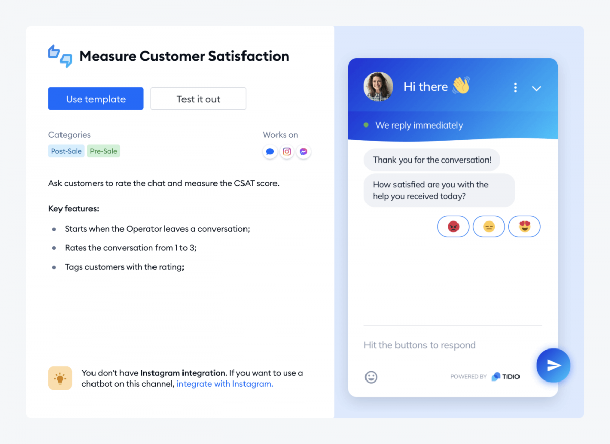 Measure Customer Satisfaction chatbot example powered by Tido