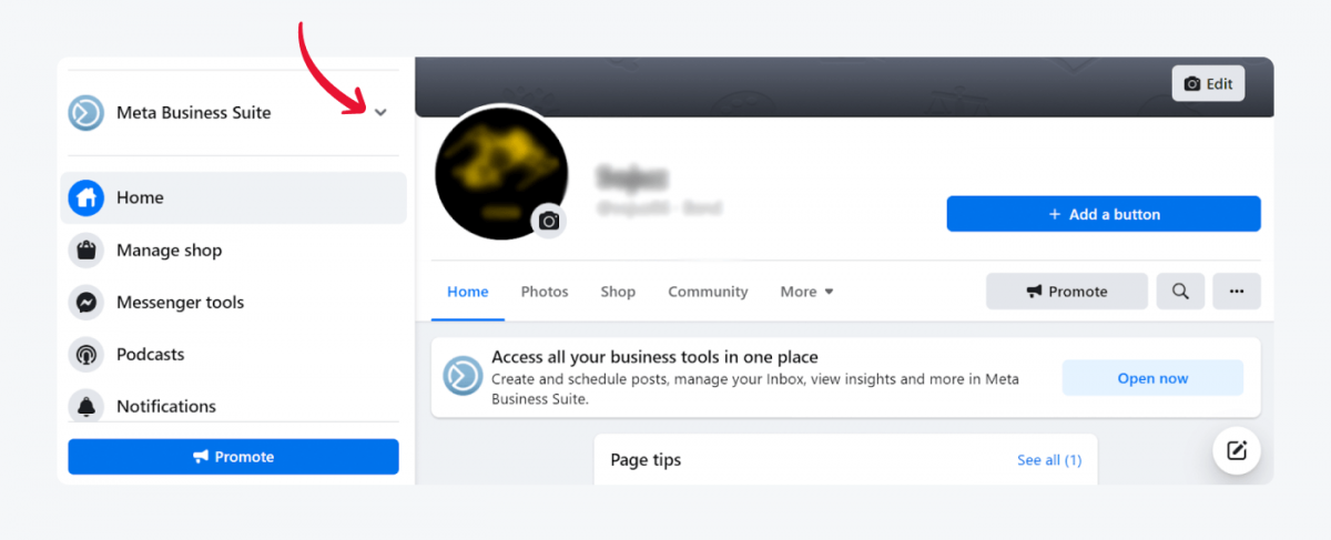 agregar messenger a tu sitio web Barra lateral de Meta Business Suite con una flecha apuntando al icono desplegable