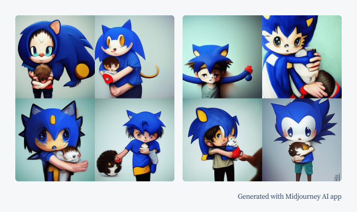 an anime boy holding Sonic the Hedgehog like a cat - Midjourney AI app
