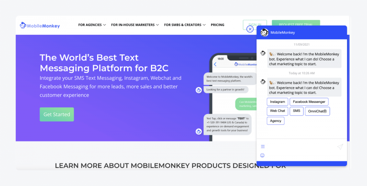 MobileMonkey landing page screenshot