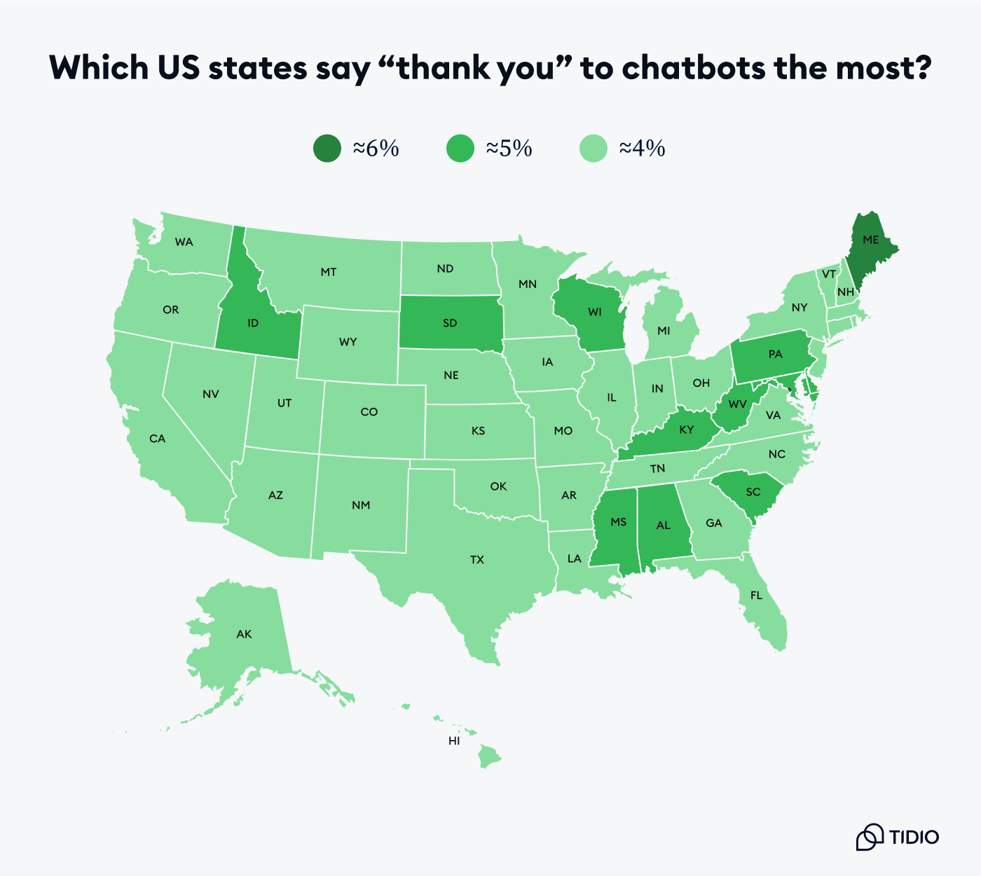 color-coded map of US states that thank chatbots the most