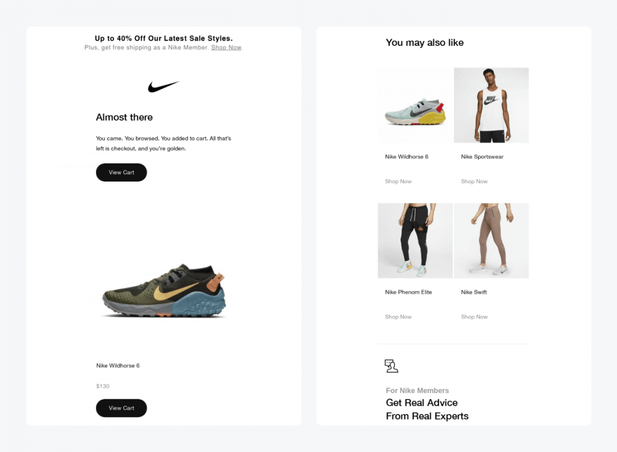 Abandoned cart email example from Nike