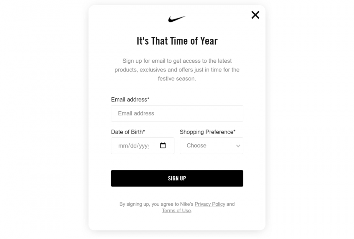 Nike signup pop up example