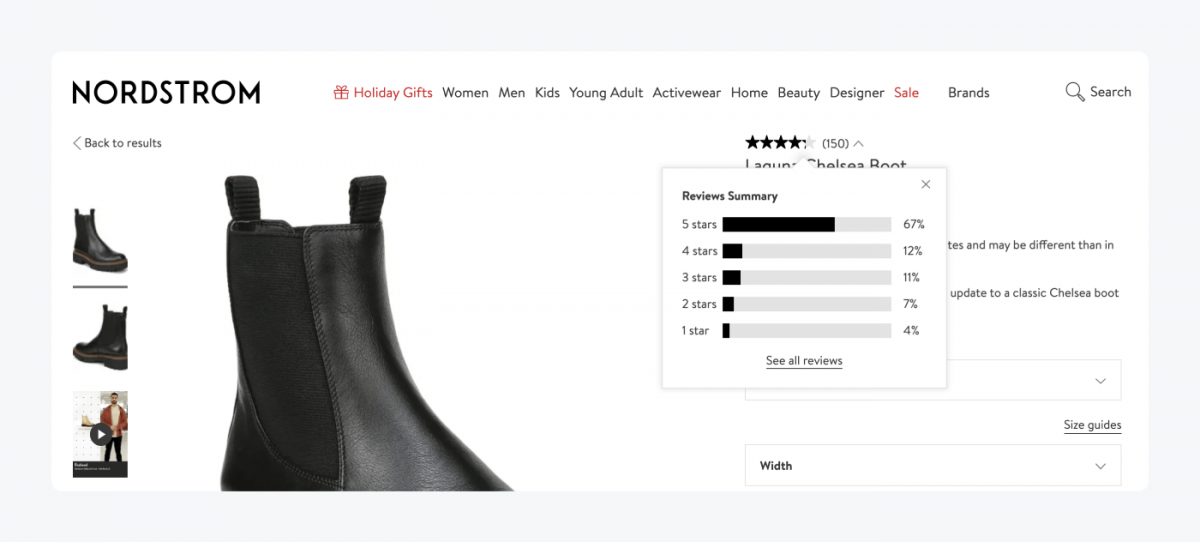 Nordstrom's star reviews summary on product page