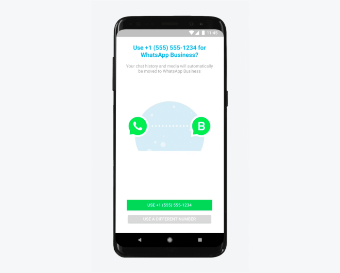 A mobile view with a question at the top: Use +1 (555) 55501234 for WhatsApp Business?, and confirmation button at the bottom.