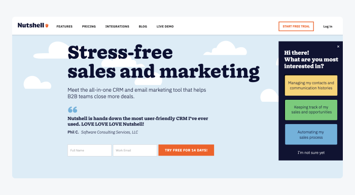 Screenshot of Nutshell homepage