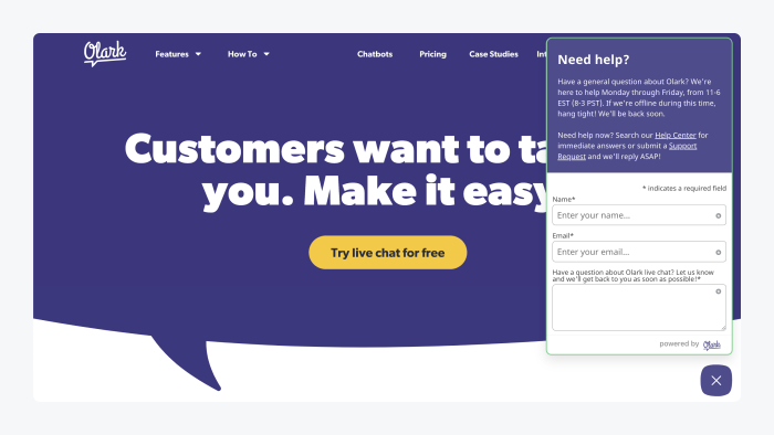 Olark's website with their live chat widget open