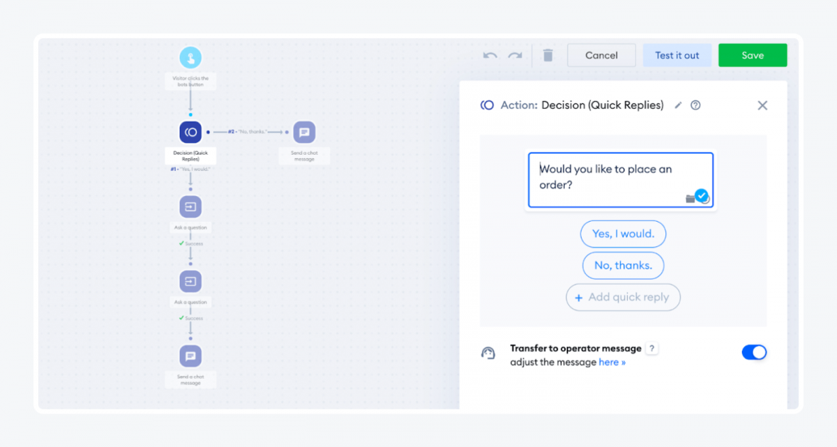 Order placement chatbot script in Tidio panel
