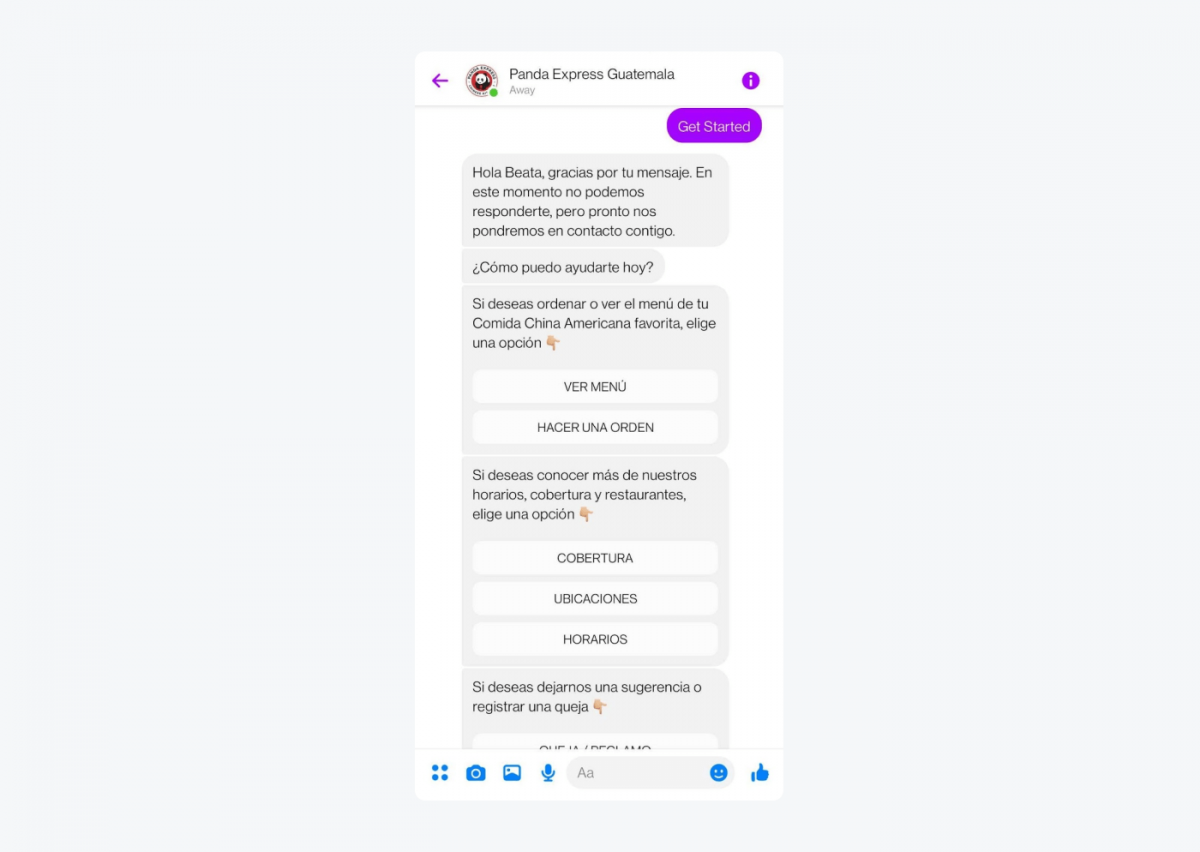 Restaurant chatbot example from Panda Express