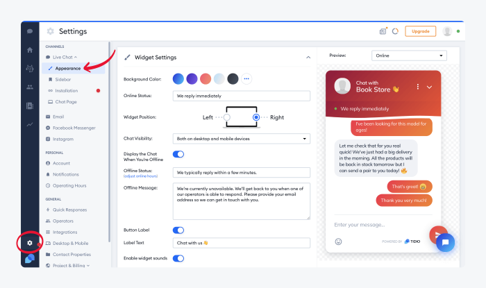 Snapshot of Appearance tab in Tidio settings panel with a settings button circled in the bottom left corner and an arrow pointing to the Appearance tab in the left side menu