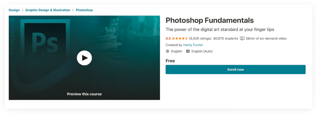 Preview of a Photoshop Fundamentals course on Udemy platform