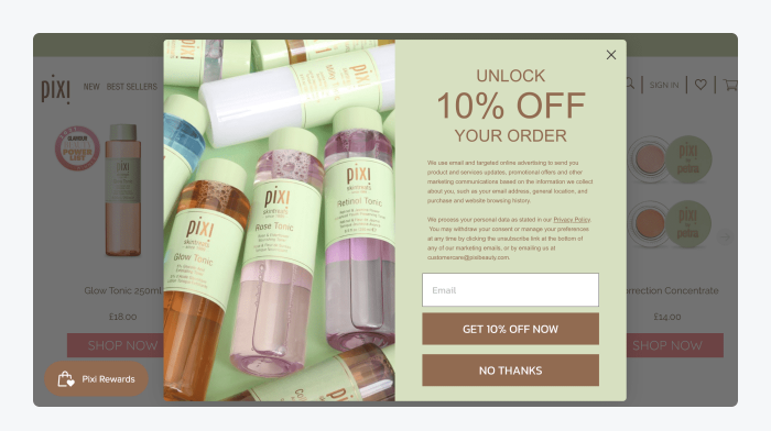 Pixi's homepage with an open popup