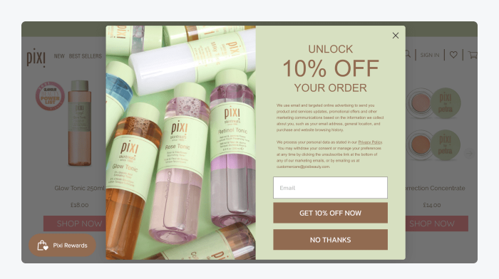 pixi ejemplo tienda en shopify Página de inicio de Pixi con una ventana emergente abierta