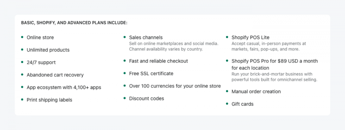 Features included in the main plans: Basic, Shopify, and Advanced