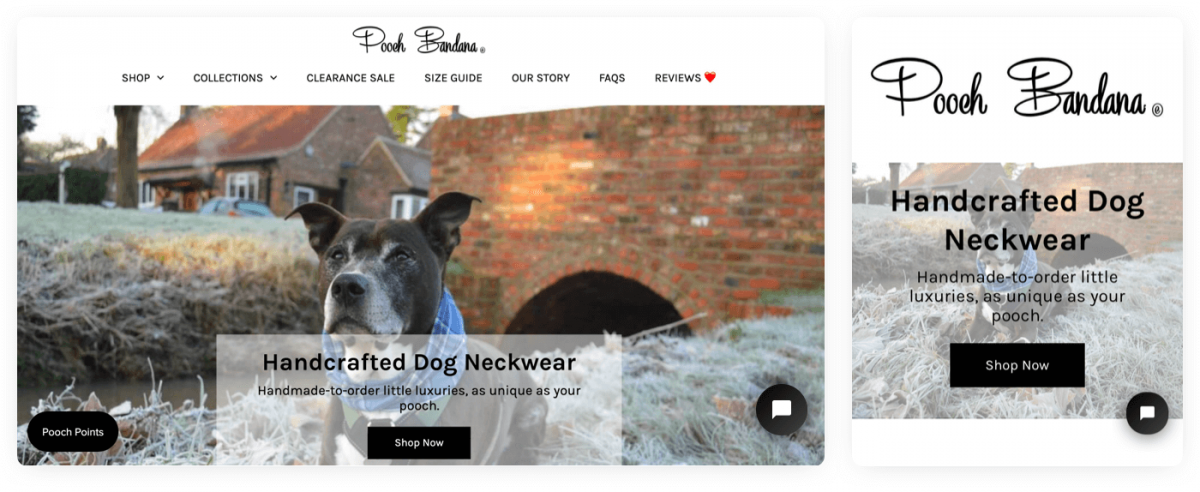 Pooch Bandana's homepage with live chat