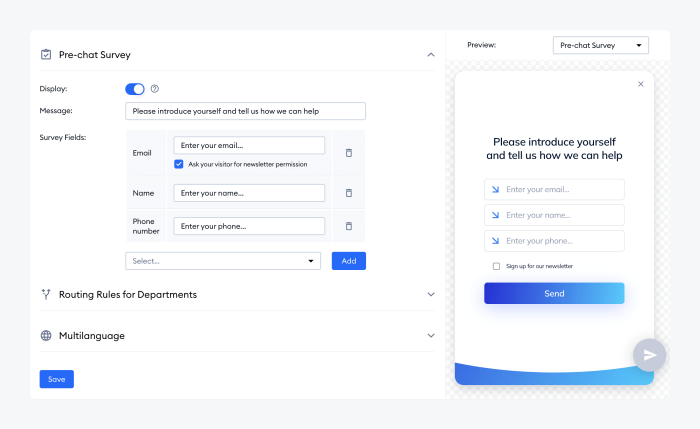 Tidio pre-chat survey panel