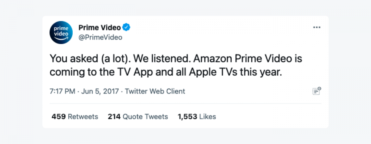 A tweet from Prime Video: "You asked (a lot). We listened. Amazon Prime Video is coming to the TV App and all Apple TVs this year.