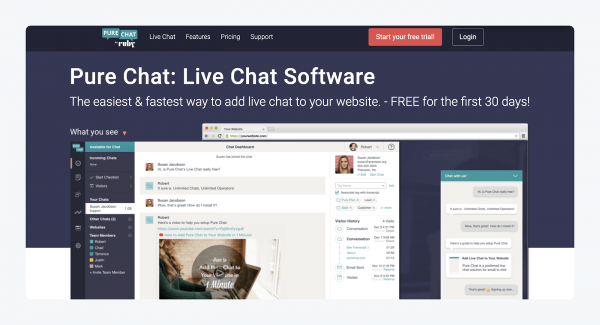 PureChat's homepage