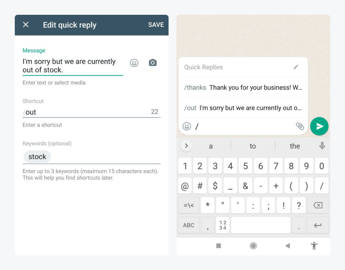 Screenshots showing how you can create an use quick replies in WhatsApp Business