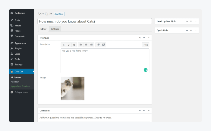 Screenshot of Quiz Cat plugin settings on WordPress
