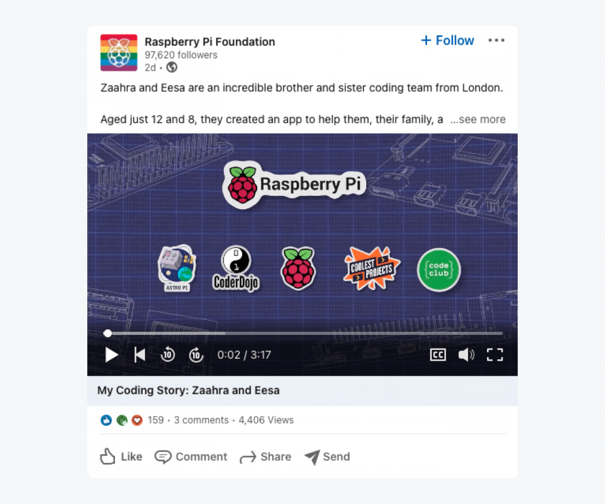 The Raspberry Pi Foundation's tweet with a video: My Coding Story: Zaahra and Eesa