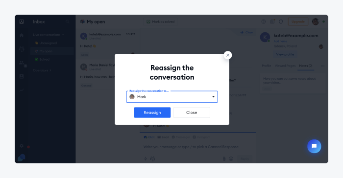 reassign the conversation panel
