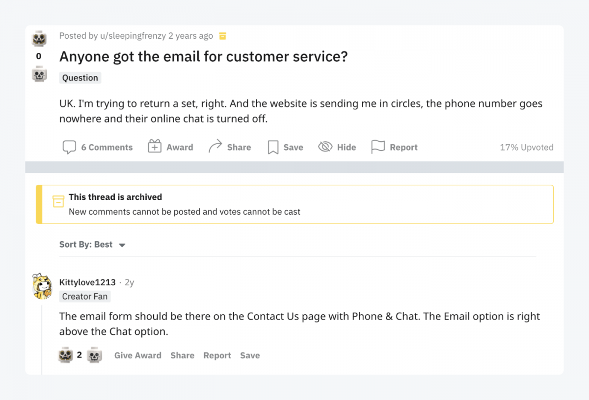 Reddit thread titled: "Anyone got the email for customer service?"