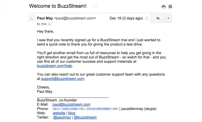 Customer onboarding email example from BuzzStream