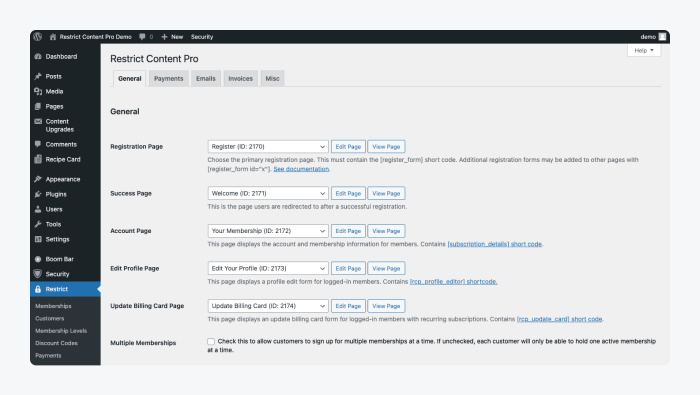 Screenshot of Restrict Content Pro plugin on WordPress