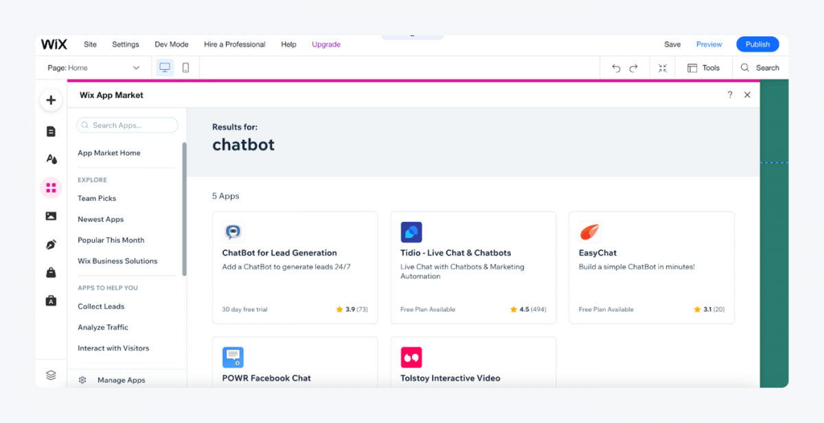 Search results for chatbot in Wix App Market