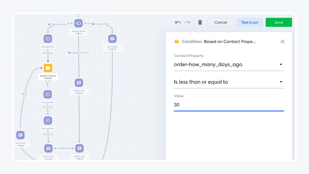 Handling returns chatbot script in Tidio panel